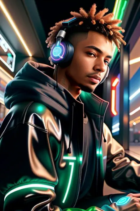a tech-savvy cyberpunk gamer male, wearing a comfortable hoodie and futuristic headphones. His eyes are focused on a holographic gaming interface projected in front of him. The environment is his stylishly decorated cyberpunk gaming den, filled with neon lights and cutting-edge gaming equipment. The lighting is a mix of vibrant colors, creating an immersive and energetic atmosphere. The camera is positioned at a medium distance, capturing his excitement and immersion in the virtual world.
<lora:CyberPunk4:0.5>