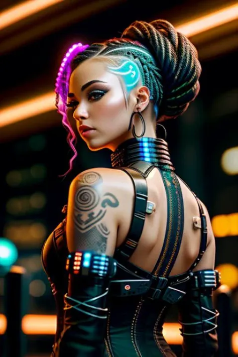 A photo of a cyberpunk female with a chic and intricate updo hairstyle, featuring braids and intricate designs woven into her hair. She wears a form-fitting cyberpunk corset adorned with glowing LED strips. Her cybernetic arms have delicate metallic filigree and glowing accents. The environment is a high-end cyberpunk fashion runway, with futuristic lights illuminating the catwalk. The camera focuses on her upper body, capturing her poised posture and the intricate details of her hairstyle and cybernetic enhancements.
<lora:CyberPunk4:0.4>