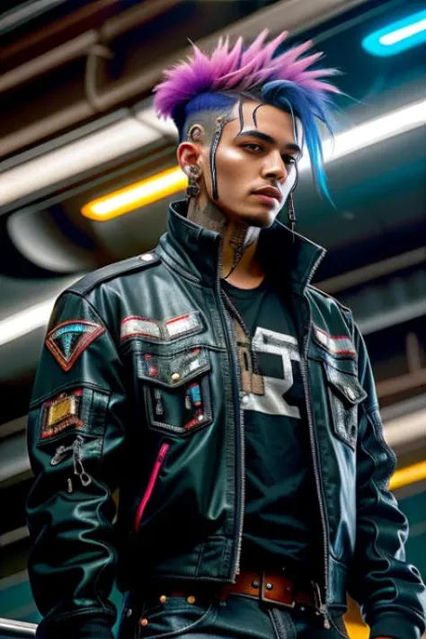 A photo of a charismatic cyberpunk rebel leader male, with vibrant dyed hair and a rugged, yet stylish attire adorned with symbols of rebellion. His cybernetic eyes emit a fiery glow. The setting is an underground hideout, filled with a diverse group of rebels and advanced technology. Holographic screens display plans and strategies, while dim lighting adds to the clandestine atmosphere. The camera is positioned at a high angle, capturing his influential presence and the united front of the resistance.
<lora:CyberPunk4:0.5>