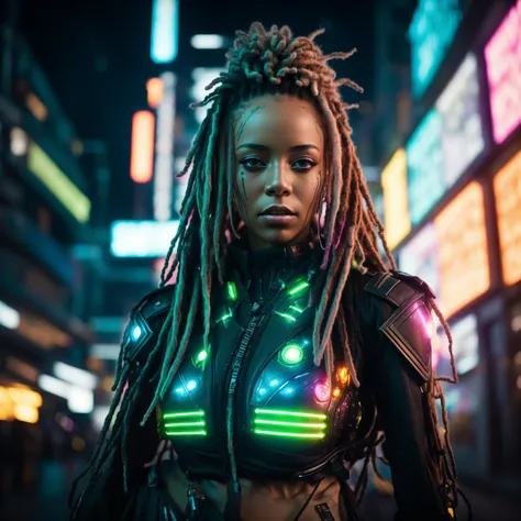 A close up photo of a female with dreadlocks with glowing neon streaks. She wears a futuristic bodysuit with angular patterns and glowing LED accents, along with high-tech gloves and boots. Leaning against a futuristic hovercar in a dimly lit alley, the contrasting light and shadows add depth to the composition, showcasing the cyberpunk aesthetic. Epic character composition, sharp focus, and natural lighting. The subsurface scattering effect adds a touch of an ethereal glow, while the f2 aperture and 35mm lens create a perfect balance of depth and detail. <lora:CyberPunkV2:0.7> 7cy6er7p0nk9
