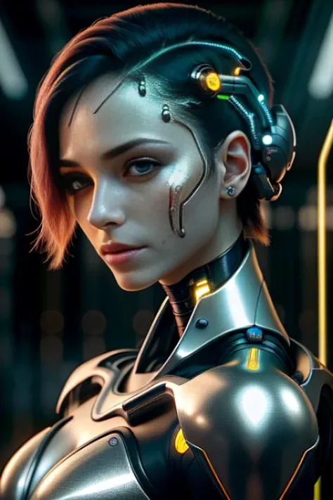 A photo of a sophisticated cyberpunk android with human-like features, possessing flawless artificial skin and expressive eyes. Half of their body is cybernetic, with metallic limbs and exposed circuitry seamlessly integrated with organic tissue. The backdrop is a futuristic laboratory, with advanced technology and holographic displays. Soft, diffused lighting illuminates the scene, emphasizing the android's blend of human and machine. The camera is positioned at a close-up, capturing the intricate details of their cybernetic and human techo components.
<lora:CyberPunk4:0.5>