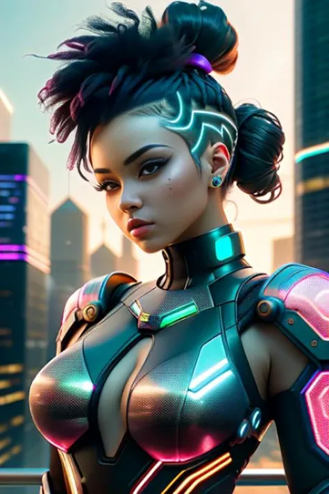 A photo of a cyberpunk female with a voluminous and gravity-defying hairstyle, reminiscent of a futuristic pompadour. She wears a cyberpunk-inspired bodysuit with geometric patterns and holographic accents. Her cybernetic arms have intricate patterns and glowing lines, emphasizing her technological enhancements. The backdrop is a neon-soaked cyberpunk cityscape, with bustling streets and hovering vehicles. The camera focuses on her upper body, capturing her fierce gaze and the impeccable craftsmanship of her hairstyle and cybernetic arms.
<lora:CyberPunk4:0.4>