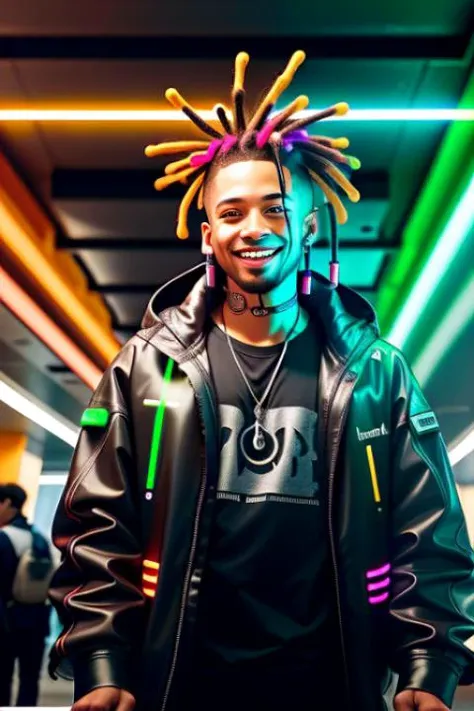 A photo of a charismatic cyberpunk hacker male, with vibrant neon-colored dreadlocks and a playful smile. His attire is a mix of futuristic fashion and hacker accessories. The environment is a high-tech, underground hacking den, filled with glowing computer screens and holographic interfaces. Dim, neon lighting sets the mood, creating an atmosphere of intrigue and cutting-edge technology. The camera is positioned at a creative angle, capturing his mischievous personality and the high-tech environment.
<lora:CyberPunk4:0.5>