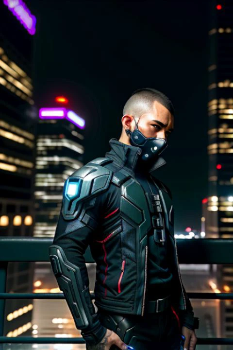 A photo of a skilled cyberpunk assassin male, clad in a stealthy black suit equipped with high-tech gadgets. His expression is cold and focused, indicating his lethal expertise. The environment is a neon-lit, futuristic city rooftop at night, with towering skyscrapers and pulsating holographic advertisements in the distance. The camera is positioned from a dramatic high angle, capturing his poised stance and the vast urban landscape beneath him.
<lora:CyberPunk4:0.5>