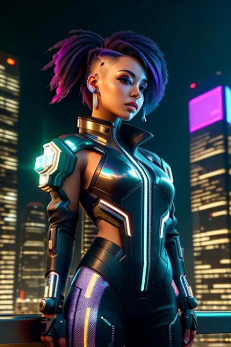 A photo of a cyberpunk female with a futuristic bob hairstyle, cut in clean and sharp lines. She wears a stylish cyberpunk jacket with high-tech details and illuminated accents. Her cybernetic arms have a sleek and streamlined design, seamlessly integrated with her human form. The backdrop is a cyberpunk city skyline at dusk, with towering skyscrapers and holographic billboards. The camera focuses on her upper body, capturing her confident stance and the captivating contrast between her hairstyle and cybernetic enhancements.
<lora:CyberPunk4:0.4>