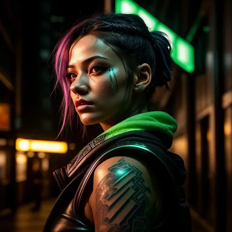 A cinematic close up photo of a young woman with intense green cyber-eyes and a glowing tattoo tracing her jawline. Wearing a tactical combat gear, she stands guard at a neon-lit alleyway, her gaze scanning for unseen threats. The epic character composition, combined with sharp focus and natural lighting, brings the captivating image to life. The subsurface scattering effect adds a touch of ethereal glow, while the f2 aperture and 35mm lens create a perfect balance of depth and detail.
<lora:CyberPunk4:0.4> cyberpunk