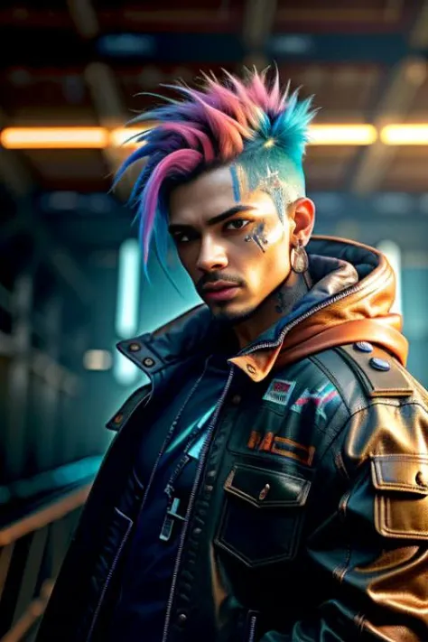 A photo of a charismatic cyberpunk rebel leader male, with vibrant dyed hair and a rugged, yet stylish attire adorned with symbols of rebellion. His cybernetic eyes emit a fiery glow. The setting is an underground hideout, filled with a diverse group of rebels and advanced technology. Holographic screens display plans and strategies, while dim lighting adds to the clandestine atmosphere. The camera is positioned at a high angle, capturing his influential presence and the united front of the resistance.
<lora:CyberPunk4:0.5>