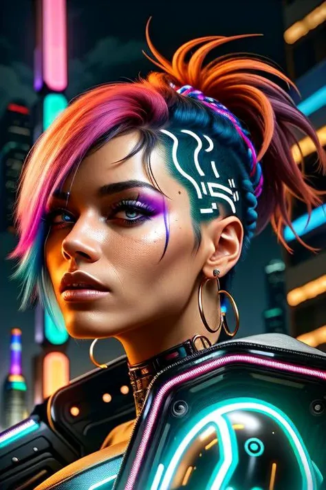 A photo of a fierce cyberpunk female, with vibrant neon-colored hair styled in an intricate futuristic fashion.  The backdrop is a sprawling cyberpunk cityscape, filled with towering skyscrapers and holographic advertisements. The streets below are bustling with futuristic vehicles and neon lights, creating a vibrant and dynamic atmosphere. The camera is positioned at a low angle, capturing her empowered and confident stance.
 <lora:CyberPunk4:0.4>