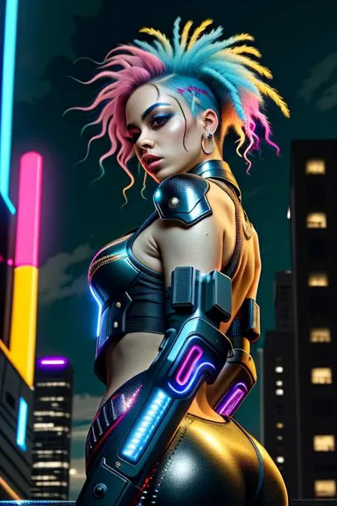 A photo of a fierce cyberpunk female, with vibrant neon-colored hair styled in an intricate futuristic fashion. The backdrop is a sprawling cyberpunk cityscape, filled with towering skyscrapers and holographic advertisements. The streets below are bustling with futuristic vehicles and neon lights, creating a vibrant and dynamic atmosphere. The camera is positioned at a low angle, capturing her empowered and confident stance.
<lora:CyberPunk4:0.4>