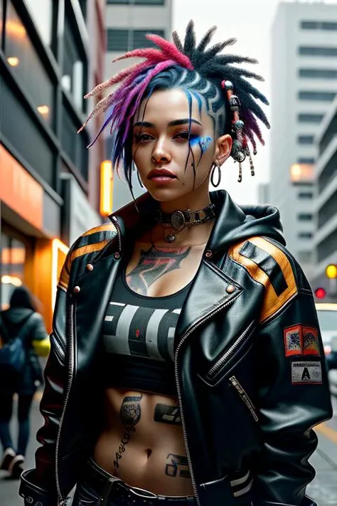 A photo of a rebellious cyberpunk female, with vibrant dyed hair and facial piercings. She wears a patched leather jacket adorned with rebellious cyberpunk symbols. The backdrop is a dystopian city street, filled with graffiti-covered walls and flickering neon signs. Acid rain pours from the sky, creating a gritty and atmospheric ambiance. The camera is positioned at eye level, capturing her defiant expression and the vibrant energy of the cyberpunk subculture.
 <lora:CyberPunk4:0.4>