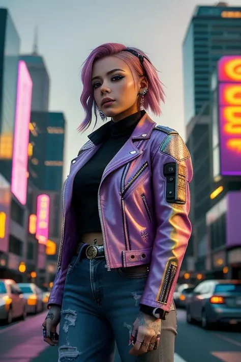 A photo of a confident young cyberpunk woman in her late 20s, pink hair, wearing a stylish purple leather jacket and jeans. She is standing in a bustling cyber city street with skyscrapers in the background. The street is illuminated by the warm glow of neon lights at dusk. Camera is at a slight angle, capturing her determined expression. 88AICyberPunkStyle44
<lora:CyberPunk4:0.4>