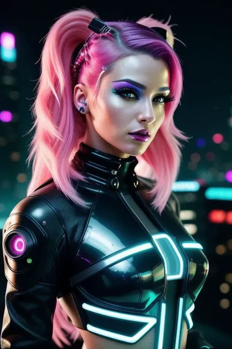 A photo of a fierce and rebellious woman in her 30s, dressed in futuristic cyberpunk attire. She has vibrant neon hair, partially shaved on one side, and adorned with glowing LED hair accessories. Her face is augmented with intricate cybernetic implants, glowing lines tracing patterns across her skin. The backdrop is a dystopian cityscape with towering skyscrapers and holographic advertisements. The lighting is a mix of neon hues, casting an otherworldly glow on her cyber-enhanced features.
<lora:CyberPunk4:0.0>