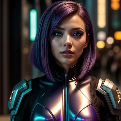 A cinematic up close photo of a young woman with vivid purple bionic eyes and sleek dark purple hair. Dressed in a techo outfit, she is deeply focused on a holographic interface. The epic character composition, combined with sharp focus and natural lighting, brings the captivating image to life. The subsurface scattering effect adds a touch of ethereal glow, while the f2 aperture and 35mm lens create a perfect balance of depth and detail.
<lora:CyberPunk4:0.4> cyberpunk, (freckles:0.8), (lips parted), realistic eyes, POV, realistic[:, (film grain, 25mm, f/1.2, dof, bokeh, beautiful symmetrical face, perfect sparkling eyes, well defined pupils, high contrast eyes, ultra detailed skin, skin pores, vellus hair, fabric stitching, fabric texture, finely detailed features:1):0.9]