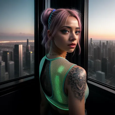 A cinematic photo of a young woman with iridescent pink cybernetic eyes and a minimalist circuit-patterned tattoo tracing her cheek. In a casual tank top and shorts, she enjoys a panoramic view of the neon cityscape from her high-rise apartment, her pet drone hovering nearby. The epic character composition, combined with sharp focus and natural lighting, brings the captivating image to life. The subsurface scattering effect adds a touch of ethereal glow, while the f2 aperture and 35mm lens create a perfect balance of depth and detail.
<lora:CyberPunk4:0.4> cyberpunk, (freckles:0.8), (lips parted), realistic eyes, POV, realistic[:, (film grain, 25mm, f/1.2, dof, bokeh, beautiful symmetrical face, perfect sparkling eyes, well defined pupils, high contrast eyes, ultra detailed skin, skin pores, vellus hair, fabric stitching, fabric texture, finely detailed features:1):0.9]