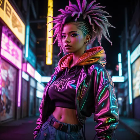 A photo of a female with a voluminous afro hairstyle adorned with glowing neon streaks, representing her vibrant personality. She wears a futuristic streetwear ensemble, featuring a neon pink oversized hoodie, ripped jeans, and high-top sneakers with built-in LED lights. Standing in a dimly lit alleyway filled with holographic graffiti, she confidently holds a spray can, adding her own artistic touch to the cyberpunk cityscape. Epic character composition, sharp focus and natural lighting. The subsurface scattering effect adds a touch of ethereal glow, while the f2 aperture and 35mm lens create a perfect balance of depth and detail. <lora:CyberPunkV2:0.7> 7cy6er7p0nk9