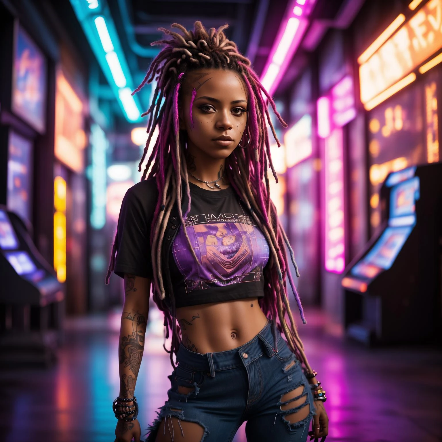 A photo of a female with vibrant purple dreadlocks, dressed in a futuristic t-shirt and ripped jeans. The dynamic lights and energy of the arcade floor enhance the overall composition. Epic character composition, sharp focus, and natural lighting. The subsurface scattering effect adds a touch of an ethereal glow, while the f2 aperture and 35mm lens create a perfect balance of depth and detail. <lora:CyberPunkV2:0.7> 7cy6er7p0nk9