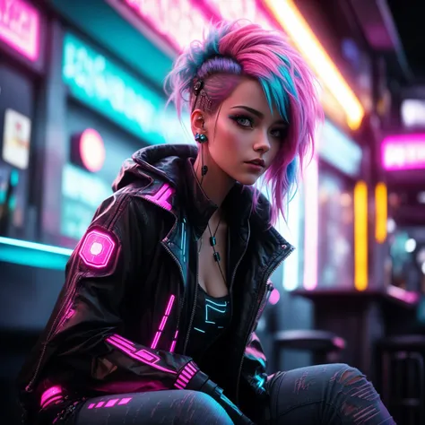 A close up photo of a female with a pink and blue punk hairstyle. She wears a futuristic dress with glowing circuit patterns. She is sitting a bar, the neon lights and reflections create a visually stunning composition. Epic character composition, sharp focus, and natural lighting. The subsurface scattering effect adds a touch of an ethereal glow, while the f2 aperture and 35mm lens create a perfect balance of depth and detail. <lora:CyberPunkV2:0.7> 7cy6er7p0nk9