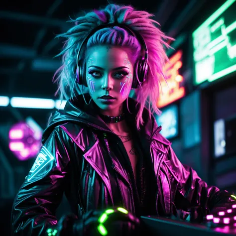A photo of a cyberpunk DJ female, with vibrant neon-colored hair and intricate face paint that glows under UV lights. She wears a stylish ensemble of cyberpunk fashion, complete with luminous accessories. The environment is an underground cyberpunk nightclub, pulsating with electrifying music and immersive holographic visuals. Dynamic lighting and laser beams fill the air, adding to the energetic atmosphere. The camera is positioned on the DJ booth, capturing her commanding presence and the vibrant crowd.  <lora:CyberPunkV2:0.7> 7cy6er7p0nk9