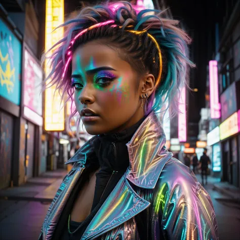 A close up photo of a female with a cascading rainbow-hued afro hairstyle, adorned with glowing neon accessories. She wears a cyberpunk-inspired trench coat with holographic panels and LED lights, combined with high-waisted leggings and futuristic sneakers. Posing in a graffiti-filled alley with vibrant street art and flickering neon signs, the juxtaposition of urban grit and her colorful appearance creates a visually striking composition. Epic character composition, sharp focus, and natural lighting. The subsurface scattering effect adds a touch of an ethereal glow, while the f2 aperture and 35mm lens create a perfect balance of depth and detail. <lora:CyberPunkV2:0.7> 7cy6er7p0nk9