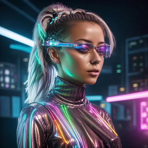 A close up photo of a female with sleek silver hair in a high ponytail, accented with glowing neon ribbons. She wears a futuristic jumpsuit with a holographic pixel art print, paired with high-tech goggles and fingerless gloves. Striking a confident pose in an underground cyberpunk nightclub, the vibrant lights and pulsating music create a dynamic and energetic atmosphere that complements her stylish appearance. Epic character composition, sharp focus, and natural lighting. The subsurface scattering effect adds a touch of an ethereal glow, while the f2 aperture and 35mm lens create a perfect balance of depth and detail. <lora:CyberPunkV2:0.7> 7cy6er7p0nk9