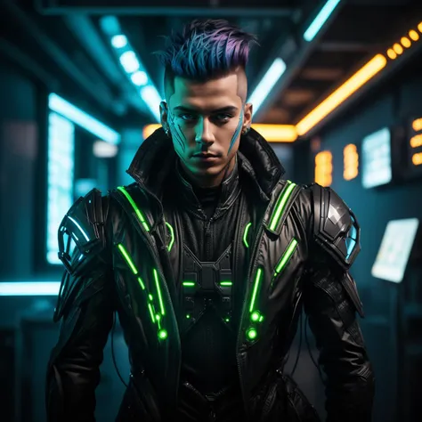 A photo of a male with a sleek and futuristic undercut hairstyle, accented with glowing neon streaks. He wears a high-tech bodysuit embedded with pulsating LED patterns, reflecting his tech-savvy nature. Positioned in a state-of-the-art cybernetics laboratory, he stands near a holographic interface, his hand effortlessly manipulating the virtual elements. The room is bathed in a cool blue light, enhancing the futuristic ambiance. Epic character composition, sharp focus, and natural lighting. The subsurface scattering effect adds a touch of an ethereal glow, while the f2 aperture and 35mm lens create a perfect balance of depth and detail. <lora:CyberPunkV2:0.7> 7cy6er7p0nk9