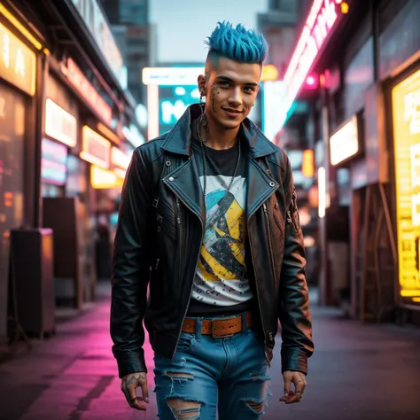 A photo of a male with a charismatic smile and vibrant electric blue eyes, reflecting his magnetic personality. He wears a casual yet stylish ensemble, consisting of a leather jacket, graphic t-shirt, and ripped jeans, embodying the rebellious spirit of the cyberpunk subculture. Surrounded by a bustling futuristic marketplace, he confidently walks, his hands in his pockets, radiating an air of confidence and charm. The combination of his casual style and the vibrant environment creates a visually captivating and dynamic composition. Epic character composition, sharp focus, and natural lighting. The subsurface scattering effect adds a touch of an ethereal glow, while the f2 aperture and 35mm lens create a perfect balance of depth and detail. <lora:CyberPunkV2:0.7> 7cy6er7p0nk9