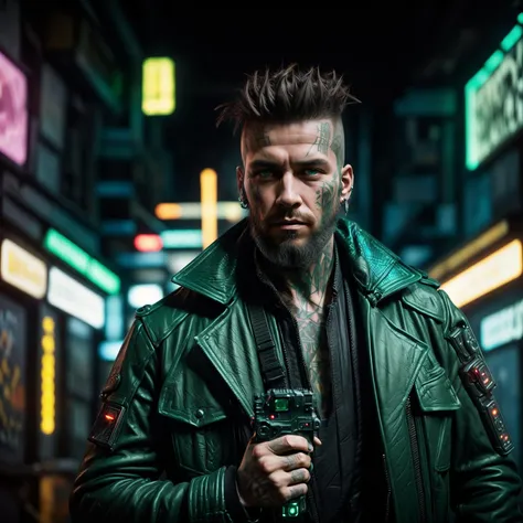 A photo of a male with piercing emerald green eyes and a rugged beard, showcasing his rugged and confident demeanor. He wears a weathered leather jacket adorned with cybernetic enhancements, hinting at his augmentation. Against a backdrop of a dark and rainy alley, illuminated by the neon glow of flickering signs, he confidently leans against a graffiti-covered wall, his hand gripping a futuristic energy pistol. Epic character composition, sharp focus, and natural lighting. The subsurface scattering effect adds a touch of an ethereal glow, while the f2 aperture and 35mm lens create a perfect balance of depth and detail. <lora:CyberPunkV2:0.7> 7cy6er7p0nk9