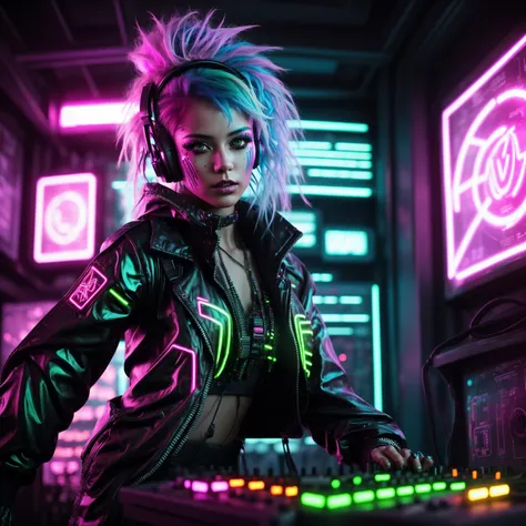 A photo of a cyberpunk DJ female, with vibrant neon-colored hair and intricate face paint that glows under UV lights. She wears a stylish ensemble of cyberpunk fashion, complete with luminous accessories. The environment is an underground cyberpunk nightclub, pulsating with electrifying music and immersive holographic visuals. Dynamic lighting and laser beams fill the air, adding to the energetic atmosphere. The camera is positioned on the DJ booth, capturing her commanding presence and the vibrant crowd.  <lora:CyberPunkV2:0.7> 7cy6er7p0nk9