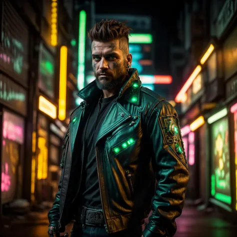 A photo of a male with piercing emerald green eyes and a rugged beard, showcasing his rugged and confident demeanor. He wears a weathered leather jacket adorned with cybernetic enhancements, hinting at his augmentation. Against a backdrop of a dark and rainy alley, illuminated by the neon glow of flickering signs, he confidently leans against a graffiti-covered wall, his hand gripping a futuristic energy pistol. Epic character composition, sharp focus, and natural lighting. The subsurface scattering effect adds a touch of an ethereal glow, while the f2 aperture and 35mm lens create a perfect balance of depth and detail. <lora:CyberPunkV2:0.7> 7cy6er7p0nk9