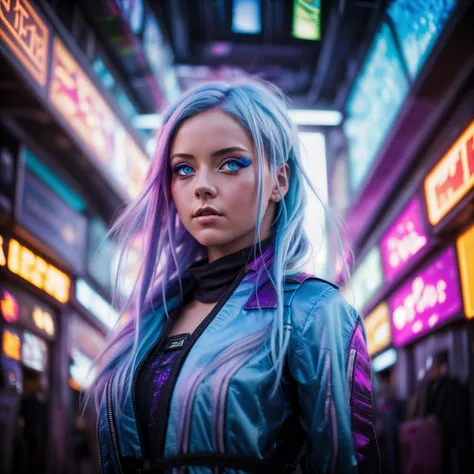 A photo of a female with captivating blue eyes and long blue hair with purple streaks. She wears a futuristic arcade-themed dress, fully embracing the vibrant style. The dynamic lights and energy of the arcade floor enhance the overall composition, capturing the essence of the arcade culture. Epic character composition, sharp focus, and natural lighting. The subsurface scattering effect adds a touch of an ethereal glow, while the f2 aperture and 35mm lens create a perfect balance of depth and detail.  <lora:CyberPunkV2:0.7> 7cy6er7p0nk9
