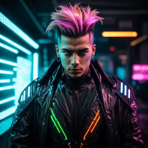A photo of a male with a sleek and futuristic undercut hairstyle, accented with glowing neon streaks. He wears a high-tech  embedded with pulsating LED patterns, reflecting his tech-savvy nature. Positioned in a state-of-the-art cybernetics laboratory, he stands near a holographic interface, his hand effortlessly manipulating the virtual elements. The room is bathed in a cool blue light, enhancing the futuristic ambiance. Epic character composition, sharp focus, and natural lighting. The subsurface scattering effect adds a touch of an ethereal glow, while the f2 aperture and 35mm lens create a perfect balance of depth and detail. <lora:CyberPunkV2:0.7> 7cy6er7p0nk9