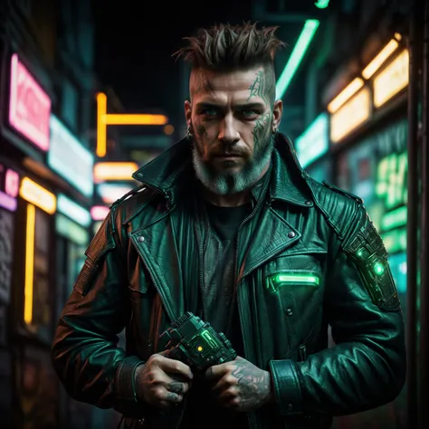 A photo of a male with piercing emerald green eyes and a rugged beard, showcasing his rugged and confident demeanor. He wears a weathered leather jacket adorned with cybernetic enhancements, hinting at his augmentation. Against a backdrop of a dark and rainy alley, illuminated by the neon glow of flickering signs, he confidently leans against a graffiti-covered wall, his hand gripping a futuristic energy pistol. Epic character composition, sharp focus, and natural lighting. The subsurface scattering effect adds a touch of an ethereal glow, while the f2 aperture and 35mm lens create a perfect balance of depth and detail. <lora:CyberPunkV2:0.7> 7cy6er7p0nk9