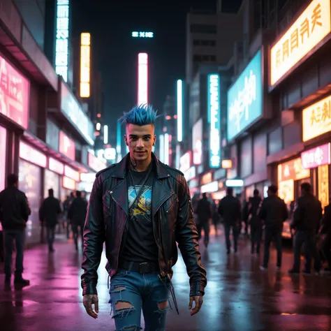 A photo of a male with a charismatic smile and vibrant electric blue eyes, reflecting his magnetic personality. He wears a casual yet stylish ensemble, consisting of a leather jacket, graphic t-shirt, and ripped jeans, embodying the rebellious spirit of the cyberpunk subculture. Surrounded by a bustling futuristic marketplace, he confidently walks, his hands in his pockets, radiating an air of confidence and charm. The combination of his casual style and the vibrant environment creates a visually captivating and dynamic composition. Epic character composition, sharp focus, and natural lighting. The subsurface scattering effect adds a touch of an ethereal glow, while the f2 aperture and 35mm lens create a perfect balance of depth and detail. <lora:CyberPunkV2:0.7> 7cy6er7p0nk9