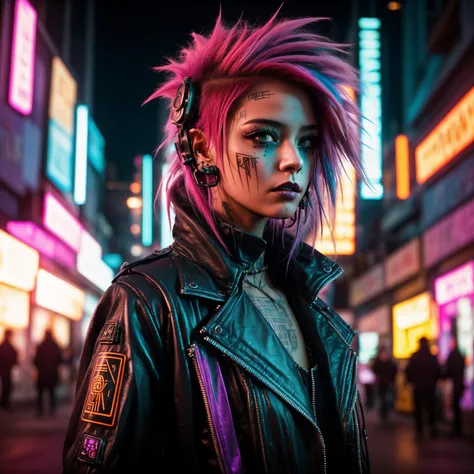 A photo of a rebellious cyberpunk female, with vibrant dyed hair and facial piercings. She wears a patched leather jacket adorned with rebellious cyberpunk symbols. The backdrop is a dystopian city street, filled with graffiti-covered walls and flickering neon signs. Acid rain pours from the sky, creating a gritty and atmospheric ambiance. The camera is positioned at eye level, capturing her defiant expression and the vibrant energy of the cyberpunk subculture.  <lora:CyberPunkV2:0.7> 7cy6er7p0nk9