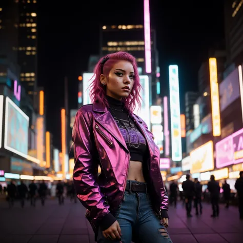 A photo of a confident young cyberpunk woman in her late 20s, pink hair, wearing a stylish purple leather jacket and jeans. She is standing in a bustling cyber city street with skyscrapers in the background. The street is illuminated by the warm glow of neon lights at dusk. Camera is at a slight angle, capturing her determined expression. <lora:CyberPunkV2:0.7> 7cy6er7p0nk9
