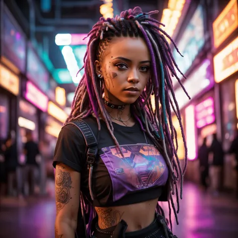 A photo of a female with vibrant purple dreadlocks, dressed in a futuristic t-shirt and ripped jeans. The dynamic lights and energy of the arcade floor enhance the overall composition. Epic character composition, sharp focus, and natural lighting. The subsurface scattering effect adds a touch of an ethereal glow, while the f2 aperture and 35mm lens create a perfect balance of depth and detail.  <lora:CyberPunkV2:0.7> 7cy6er7p0nk9