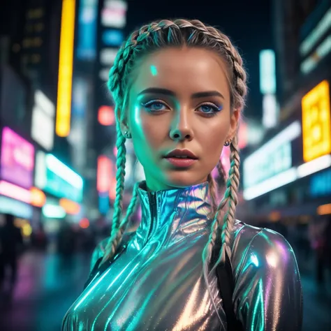 A close up photo of a female with alluring sapphire blue eyes and flowing silver-white hair, adorned with glowing microchips and intricate braids. She wears a form-fitting bodysuit made of shimmering reflective material, reflecting the neon lights of the bustling futuristic street she stands on. In her hand, she holds a compact hacking device, its holographic display projecting cascading lines of code. Epic character composition, sharp focus and natural lighting. The subsurface scattering effect adds a touch of ethereal glow, while the f2 aperture and 35mm lens create a perfect balance of depth and detail. <lora:CyberPunkV2:0.7> 7cy6er7p0nk9