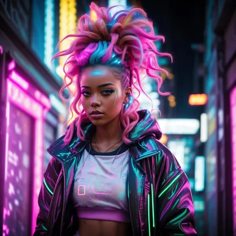 A photo of a female with a voluminous afro hairstyle adorned with glowing neon streaks, representing her vibrant personality. She wears a futuristic streetwear ensemble, featuring a neon pink oversized hoodie, ripped jeans, and high-top sneakers with built-in LED lights. Standing in a dimly lit alleyway filled with holographic graffiti, she confidently holds a spray can, adding her own artistic touch to the cyberpunk cityscape. Epic character composition, sharp focus and natural lighting. The subsurface scattering effect adds a touch of ethereal glow, while the f2 aperture and 35mm lens create a perfect balance of depth and detail. <lora:CyberPunkV2:0.7> 7cy6er7p0nk9