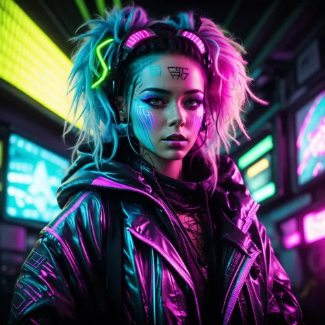 A photo of a cyberpunk DJ female, with vibrant neon-colored hair and intricate face paint that glows under UV lights. She wears a stylish ensemble of cyberpunk fashion, complete with luminous accessories. The environment is an underground cyberpunk nightclub, pulsating with electrifying music and immersive holographic visuals. Dynamic lighting and laser beams fill the air, adding to the energetic atmosphere. The camera is positioned on the DJ booth, capturing her commanding presence and the vibrant crowd.  <lora:CyberPunkV2:0.7> 7cy6er7p0nk9