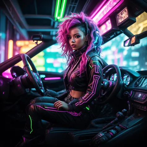 A photo of a female with a dynamic hairstyle, with cascading curls dyed in a vibrant array of neon colors. She wears a futuristic racing suit adorned with glowing circuit patterns, reflecting her passion for high-speed cyberpunk sports. Positioned in the cockpit of a sleek hovercar, she leans forward with an intense focus, her hand on the steering controls. The race track stretches out before her, filled with twists, turns, and glowing neon barriers, as she prepares to push her limits in the exhilarating cyberpunk race. Epic character composition, sharp focus, and natural lighting. The subsurface scattering effect adds a touch of an ethereal glow, while the f2 aperture and 35mm lens create a perfect balance of depth and detail <lora:CyberPunkV2:0.7> 7cy6er7p0nk9