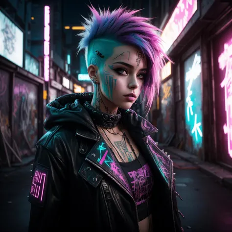 A photo of a female with a vibrant purple undercut hairstyle, contrasting against her pale complexion. She wears a combination of futuristic and punk-inspired fashion, donning a leather jacket adorned with glowing neon patches and spiked accessories. Against a backdrop of a dilapidated cyberpunk cityscape, she leans against a graffiti-covered wall, holding a spray can and adding her rebellious mark to the urban landscape. Epic character composition, sharp focus, and natural lighting. The subsurface scattering effect adds a touch of ethereal glow, while the f2 aperture and 35mm lens create a perfect balance of depth and detail. <lora:CyberPunkV2:0.7> 7cy6er7p0nk9