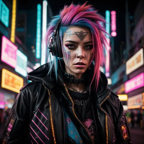 A photo of a rebellious cyberpunk female, with vibrant dyed hair and facial piercings. She wears a patched leather jacket adorned with rebellious cyberpunk symbols. The backdrop is a dystopian city street, filled with graffiti-covered walls and flickering neon signs. Acid rain pours from the sky, creating a gritty and atmospheric ambiance. The camera is positioned at eye level, capturing her defiant expression and the vibrant energy of the cyberpunk subculture.  <lora:CyberPunkV2:0.7> 7cy6er7p0nk9