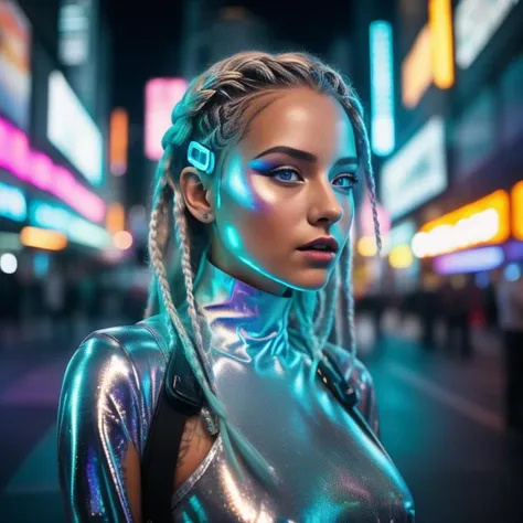 A close up photo of a female with alluring sapphire blue eyes and flowing silver-white hair, adorned with glowing microchips and intricate braids. She wears a form-fitting bodysuit made of shimmering reflective material, reflecting the neon lights of the bustling futuristic street she stands on. In her hand, she holds a compact hacking device, its holographic display projecting cascading lines of code. Epic character composition, sharp focus and natural lighting. The subsurface scattering effect adds a touch of ethereal glow, while the f2 aperture and 35mm lens create a perfect balance of depth and detail. <lora:CyberPunkV2:0.7> 7cy6er7p0nk9