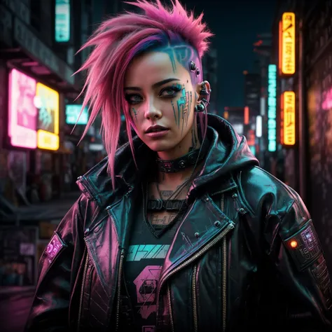 A photo of a rebellious cyberpunk female, with vibrant dyed hair and facial piercings. She wears a patched leather jacket adorned with rebellious cyberpunk symbols. The backdrop is a dystopian city street, filled with graffiti-covered walls and flickering neon signs. Acid rain pours from the sky, creating a gritty and atmospheric ambiance. The camera is positioned at eye level, capturing her defiant expression and the vibrant energy of the cyberpunk subculture. <lora:CyberPunkV2:0.7> 7cy6er7p0nk9