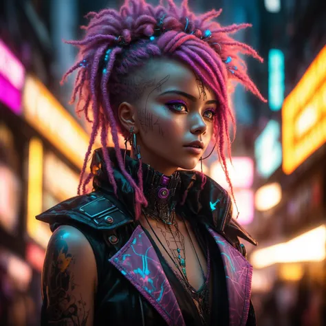 A close up photo of a female with a vibrant purple and pink afro hairstyle, adorned with glowing neon hairpins. Epic character composition, sharp focus, and natural lighting. 8k portrait, intricate, elegant, highly detailed, majestic, digital photography, art by artgerm and ruan jia and greg rutkowski, surreal painting, filigree (masterpiece, sidelighting, finely detailed beautiful eyes: 1.2), hdr, <lora:CyberPunkV2:0.7> 7cy6er7p0nk9