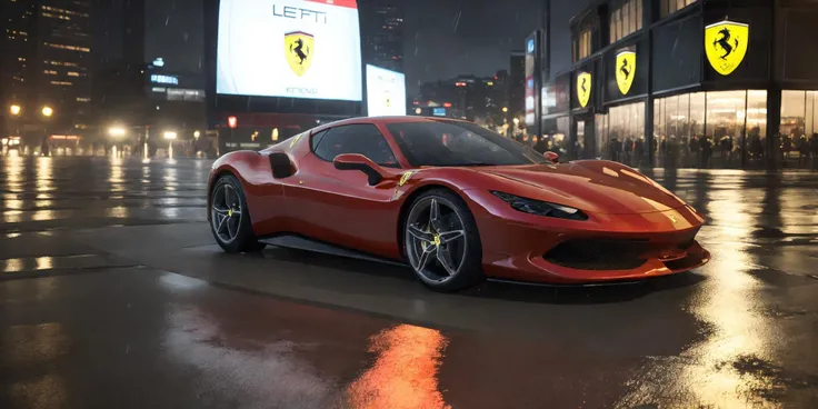 Ferrari 296,Ferrari car logos,masterpiece, highly detailed photorealistic 8k raw photo,Rainy night, night,bright tones,real light and shadow,best cinematic quality, volumetric lighting and shadows, the front of the car has a Ferrari logo,1girl,1girl driving car, sprktt,cutting-edge design, showcasing sleek lines, advanced features, innovation, futuristic cityscape, high-tech laboratory, futuristic cityscape background, Full shot, shiny and reflective bodywork ,8k <lora:Ferrari 296ï¼æ³æå©296ï¼:0.7> <lora:supercargirl2:0.8>