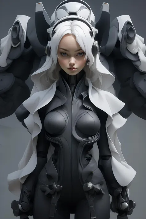 (masterpiece, top quality, best quality, official art, beautiful and aesthetic),solo,1girl,(black mecha),(upper body:1.2),black bodysuit,white hair,frills,standing,helmet,abstract dark gray backdrop,bangswhite stocking,small breasts,futurial zen style,deconstruction,layers,editorial photo,<lora:Clothing -:0.3>,<lora:black issey miyake:0.6>,<lora:epi_noiseoffset2:1>,<lora:white mecha_20230730021614:0.8>,
