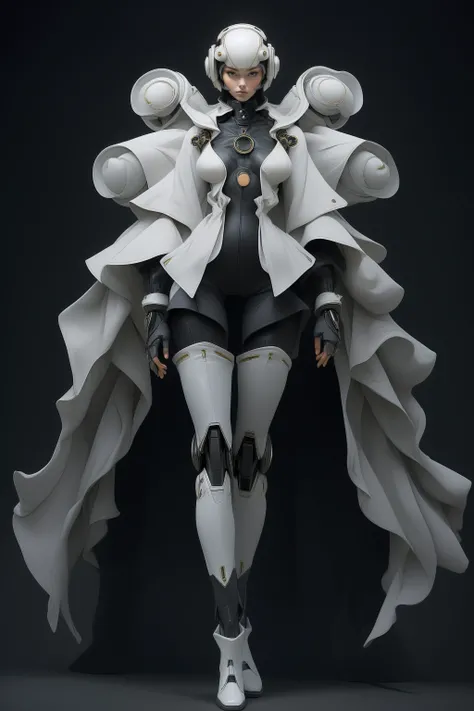 (masterpiece, top quality, best quality, official art, beautiful and aesthetic),solo,1girl,(black mecha),(full body:1.2),black bodysuit,white hair,frills,standing,helmet,abstract dark gray backdrop,bangs,legs,white stocking,boots,small breasts,futurial zen style,deconstruction,layers,editorial photo,<lora:Clothing -:0.3>,<lora:black issey miyake:0.6>,<lora:epi_noiseoffset2:1>,<lora:white mecha_20230730021614:0.8>,