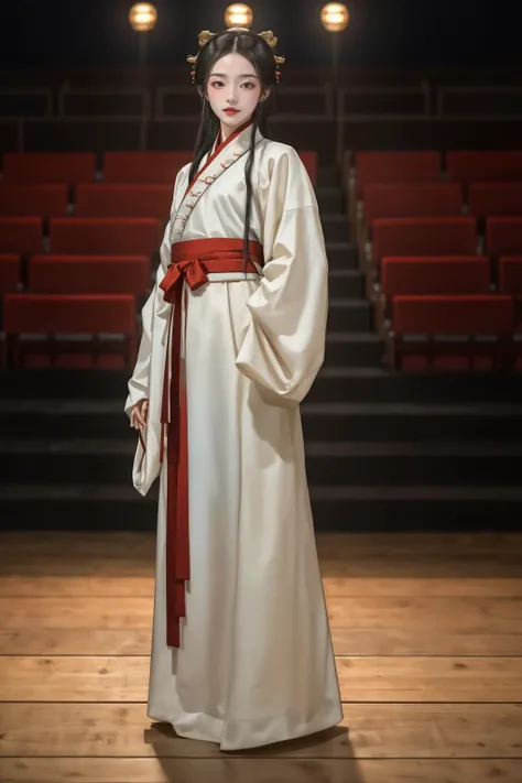 highres,absurdres,masterpiece,best quality,original,extremely detailed CG,extremely detailed wallpaper,perfect lighting,(standing on the stage),blurry background,looking at viewer,
<lora:hanfu quju_20240122023639:0.7>,hanfu-quju,hanfu,