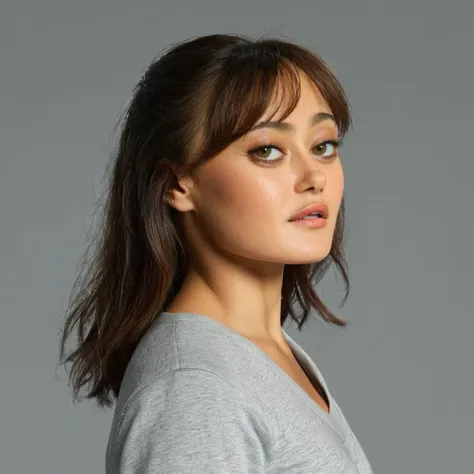 ella purnell, half-side profile, v-neck, grey background, cinematic, portrait, high-definition  <lora:ella_purnell_xl_stoken_240520_bs8-000060:1>